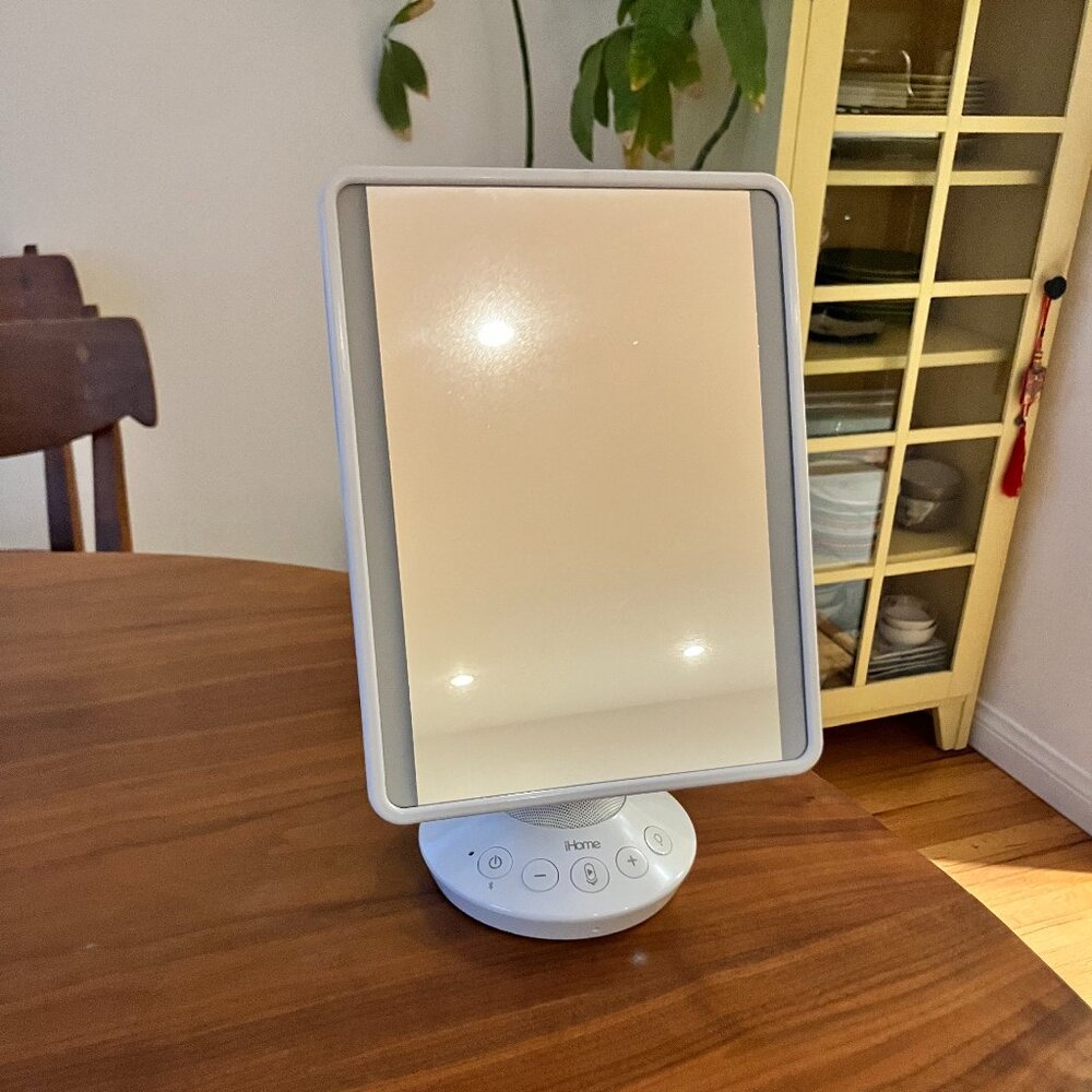 Lighted Makeup Mirror with Bluetooth Speaker and USB Charging.